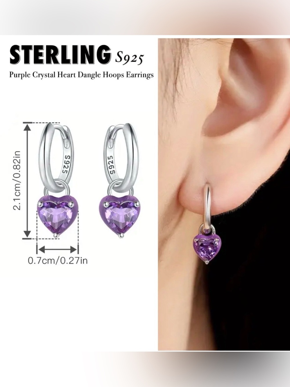 Sterling Silver Purple Crystal Heart Dangle Ear Hoops Earrings (1 Pairs) on Card